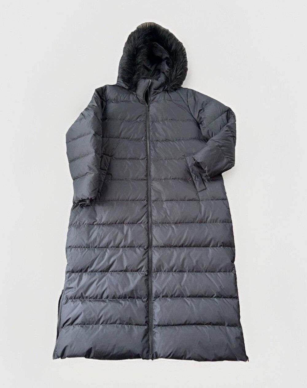 Lands End Down Puffer Maxi Coat Womens Plus 1X Black Hood Faux Fur Winter Long